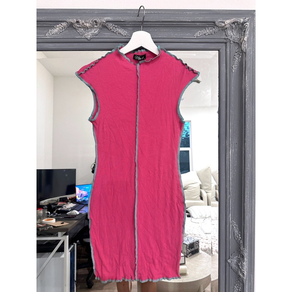 Y2K Miss 8 Pink Ribbed Mini Dress Contrast Lettuce Edge Mock Neck Fairy Grunge M